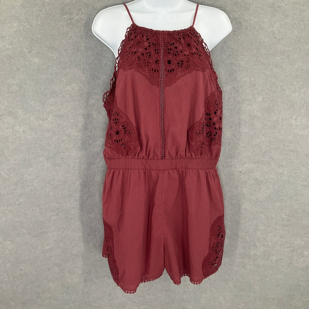 American Eagle Outfitters Romper Sz L Halter‎ Red Lace Trim Feminine Festival